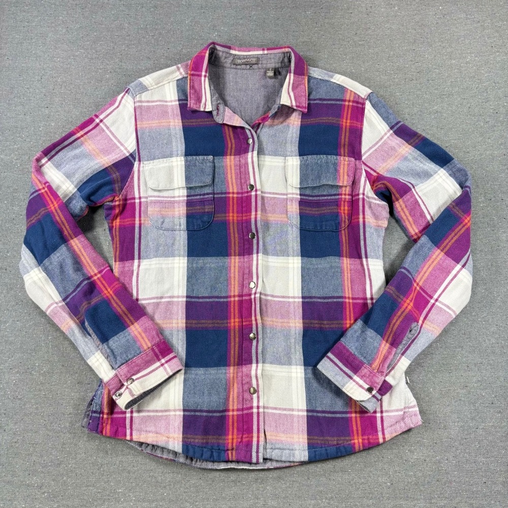 Toad&Co Flannel Shirt Women's Small Purple‎ Blue Plaid Organic Cotton Snap Front